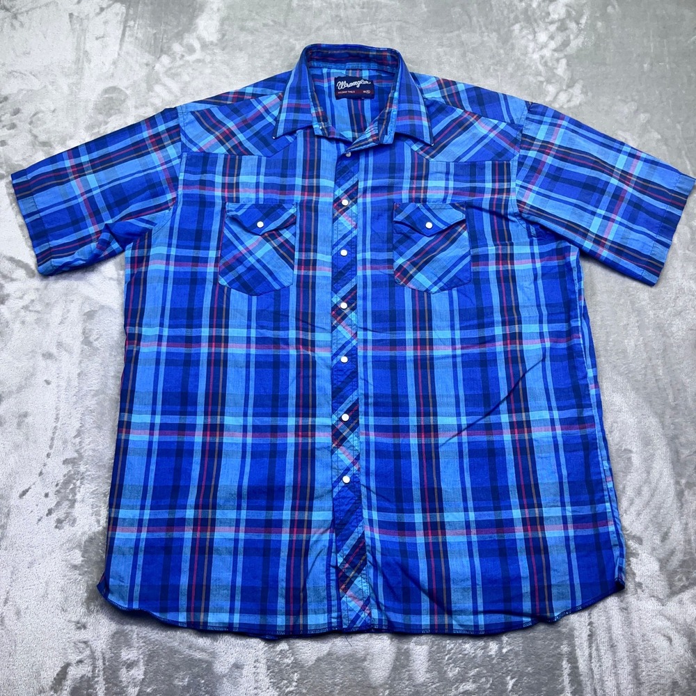 Wrangler X-Long Tails Pearl Snap XL Blue Plaid Western Short Slv Button Up Shirt